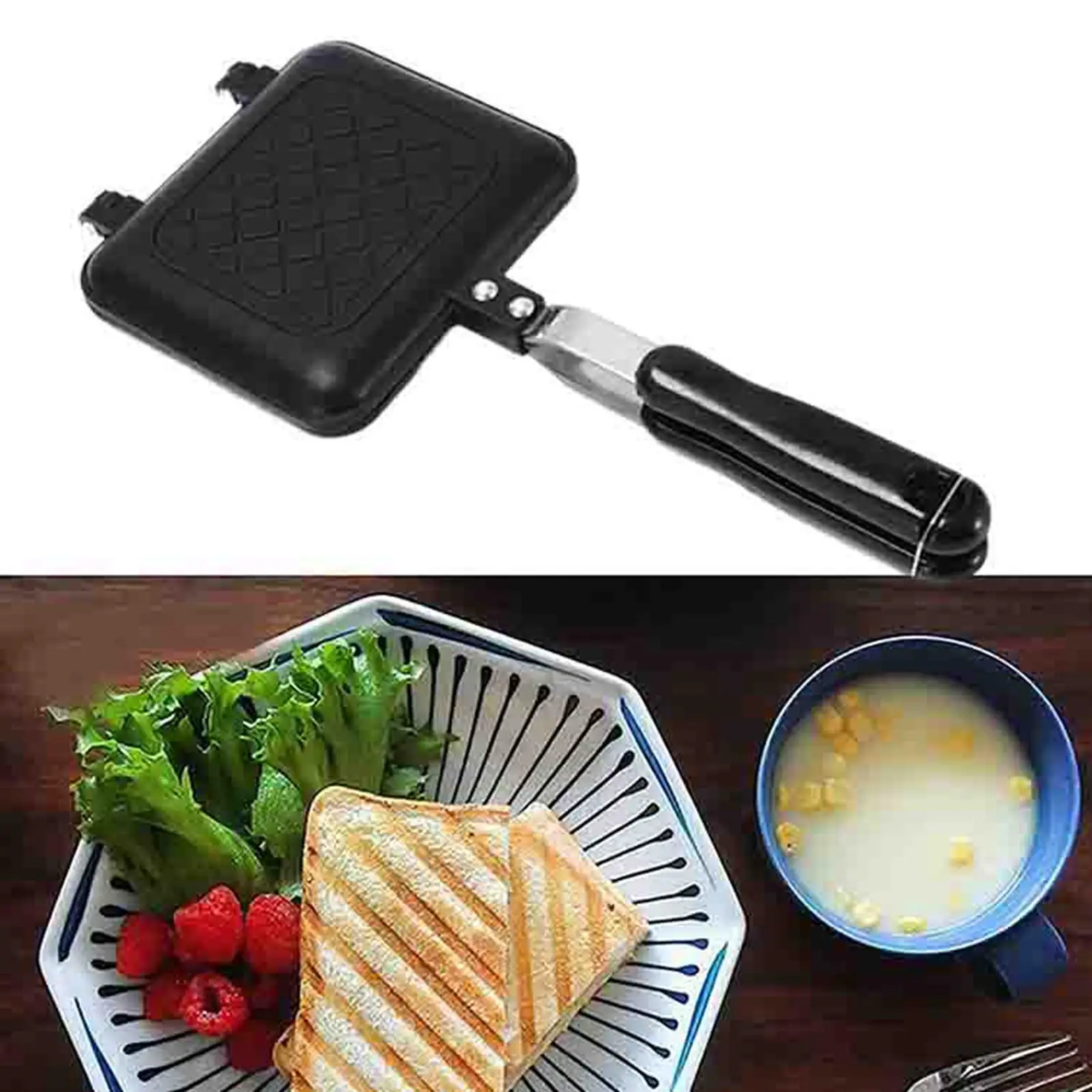 Dual Sided Heating Cooking Pan Long Handle Nonstick Skillet Cake Maker Pan Rectangle Non Stick for Electric Ceramic Stove