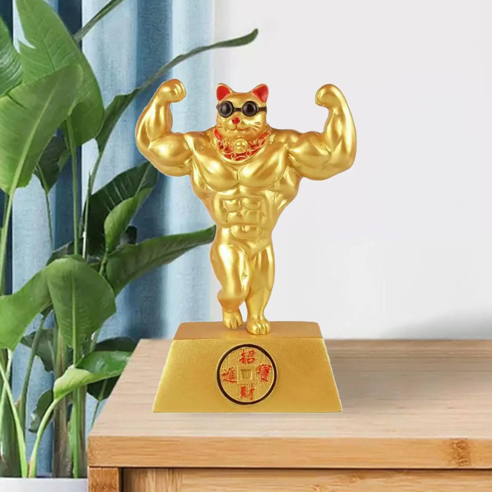 Gold Chinese Lucky Cat Figurine Hand Muscle Arm Decoration 6.3