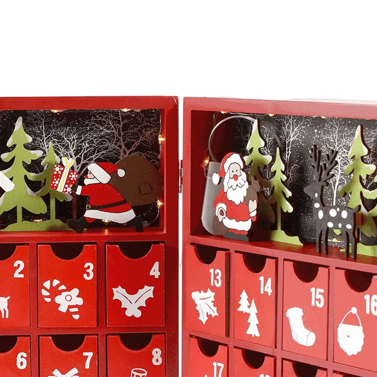 Fillable Advent Calendar Santa Claus Pattern Candy Organizer with Storage Drawers Wood for Holiday Xmas Desktop Home Decor