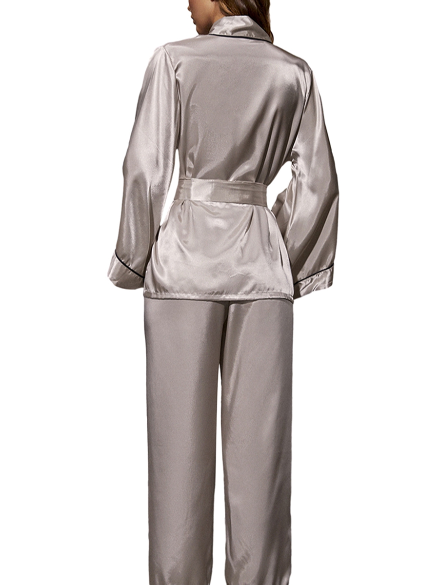 Women s Pyjama Set Long Sleeve Pyjamas Suit Silk Satin Pjs Soft Belt Lace Up Sleepwear Set Loungewear
