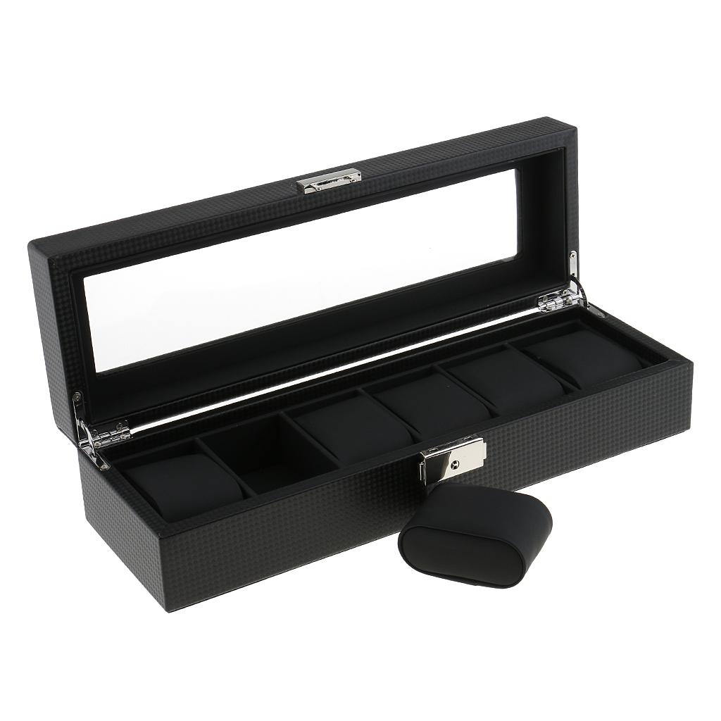 6 Slot Watch box Watch Case Mens Lockable Watch Holder PU Leather Jewelry Organization Case Glass Top