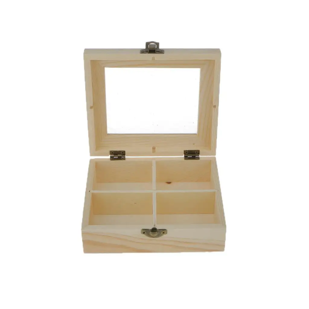 Plain Unpainted Wooden 4 Jewelry Storage Box Glass Lid Chest Box Case