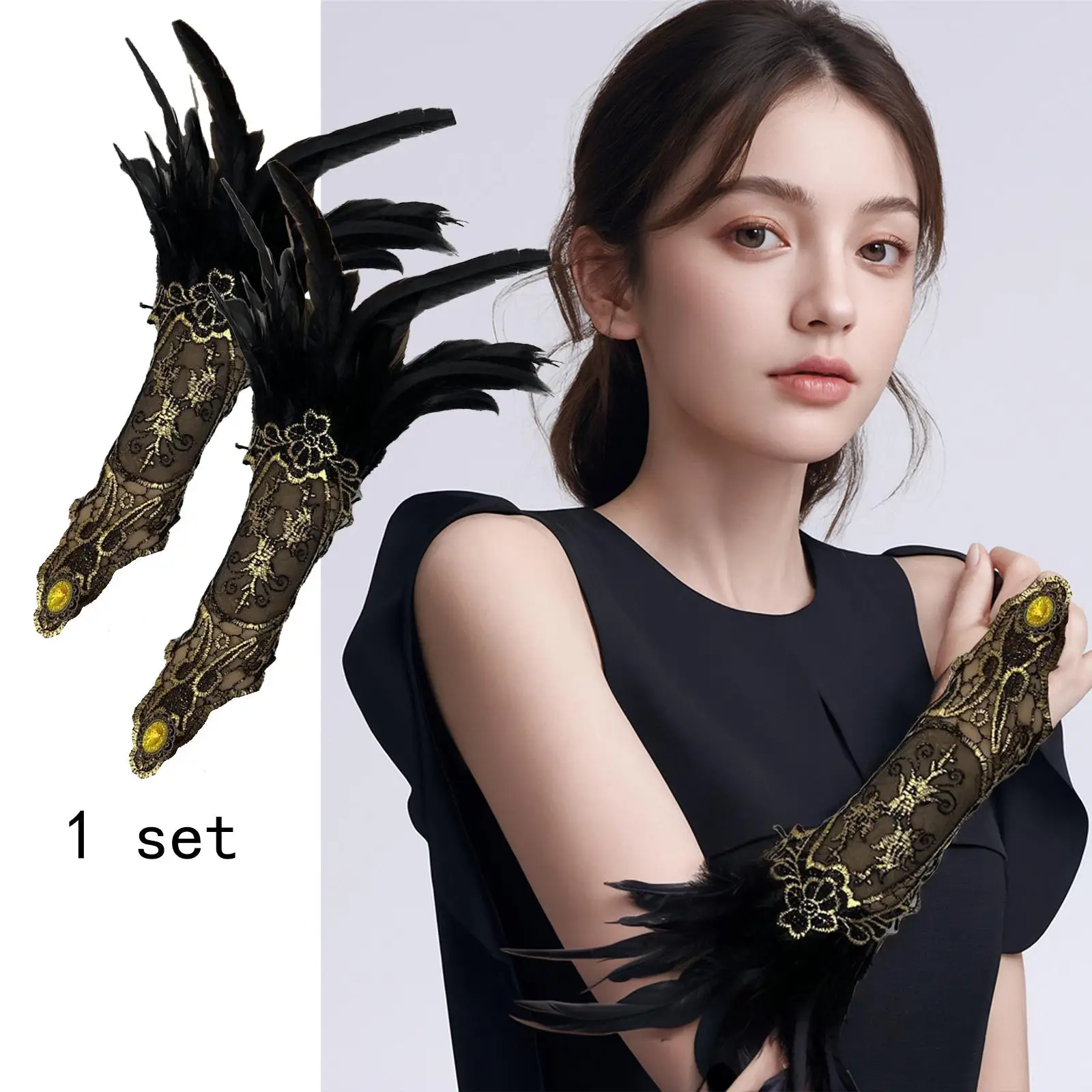 Gothic Gloves Costume Dress Mesh Floral Masquerade 1 Pair Lace Long Gloves Fingerless Lace for Women Driving Feather Long Gloves