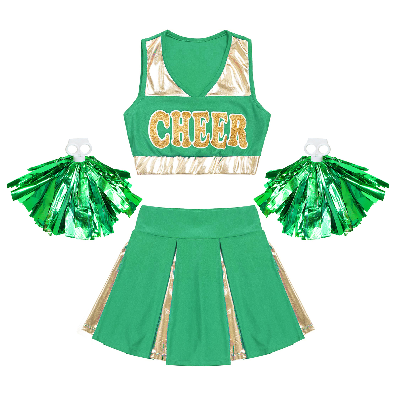 Kinder Mädchen Cheerleader Kostüm Cheerleading Uniform Performance Outfit Briefdruck Crop Top mit Faltenrock Blumenkugeln – Detail 18