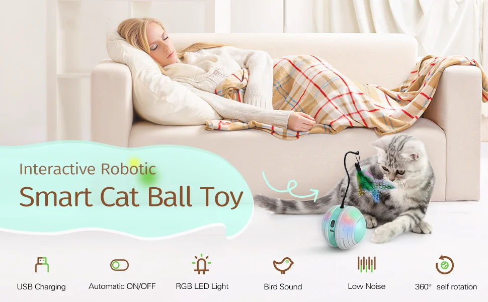 Smart Cat Ball Toys Bird Sound Interactive Cat Toys Automatic USB Charging 360 Degree Electric Cat Feather Funny Kitten Toys