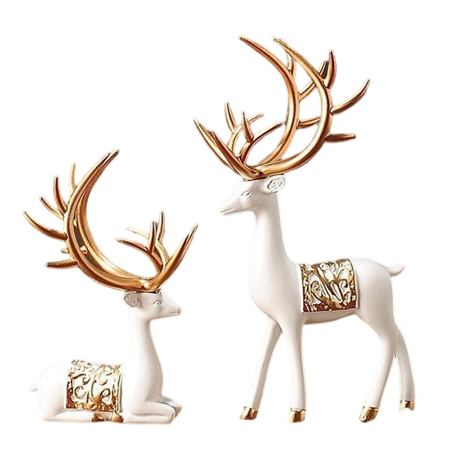 2x European Style Reindeer Statues Collection Deer Figurine Elk Couple Sculpture Resin for Desk Bookshelf Bedroom Home Birthday