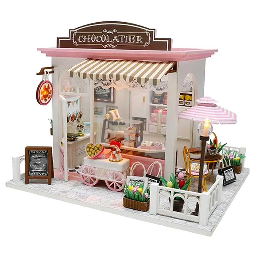 Cute DIY Wooden Dollhouse Miniature Fantastic Chocolate House Model LED Light