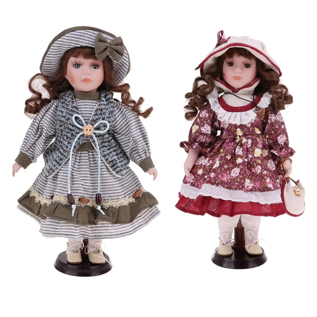 2-Pack Girls Princess Doll, 11.8inch Porcelain Victorian Dolls with Vintage Style Dress Hat Set , Free Standing Decor
