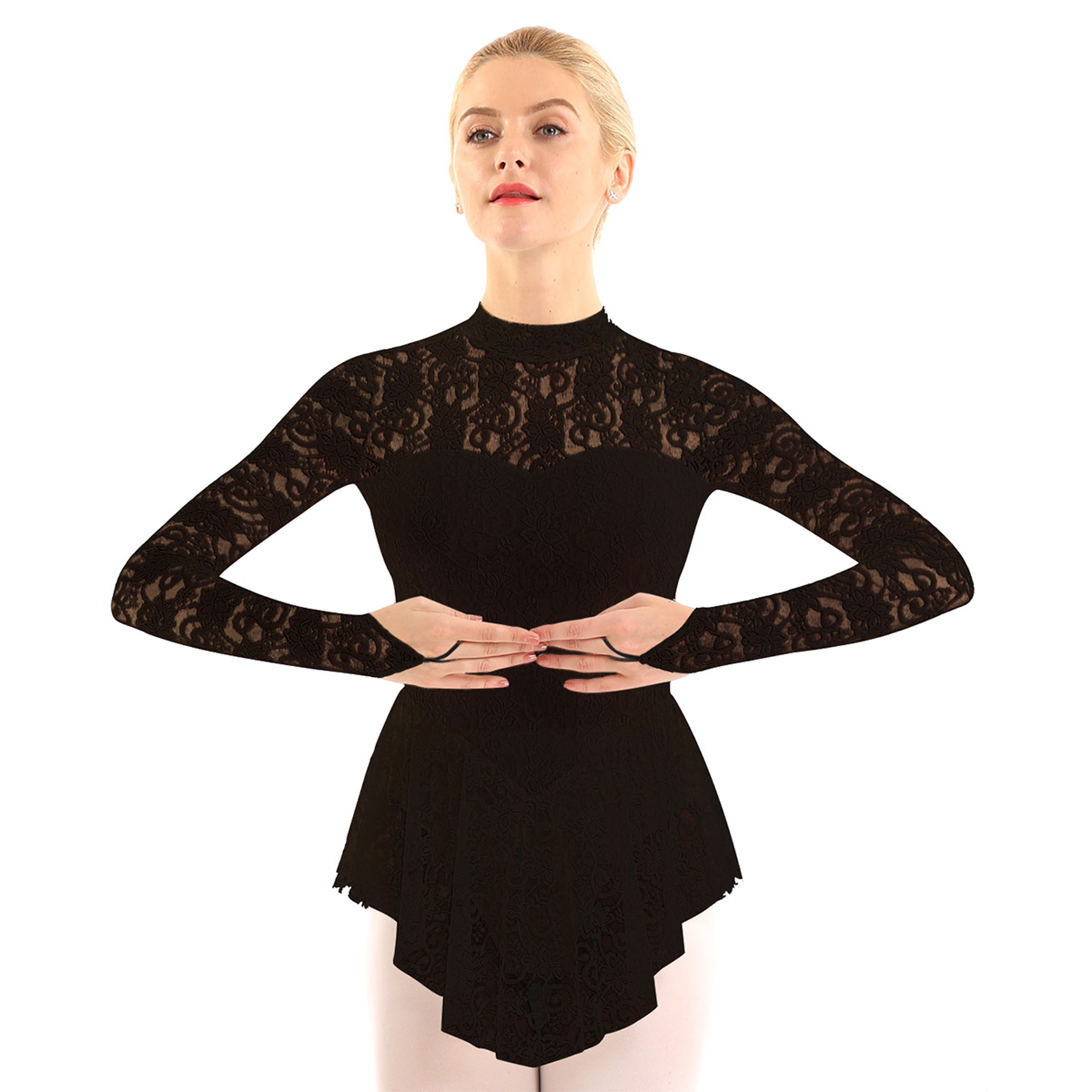 Damen Erwachsene Langarm Spitze Gymnastik engen Overall Mock Neck Figur Eislaufen Rollschuh Ballett Tanz Trikot Kleid – Detail 7