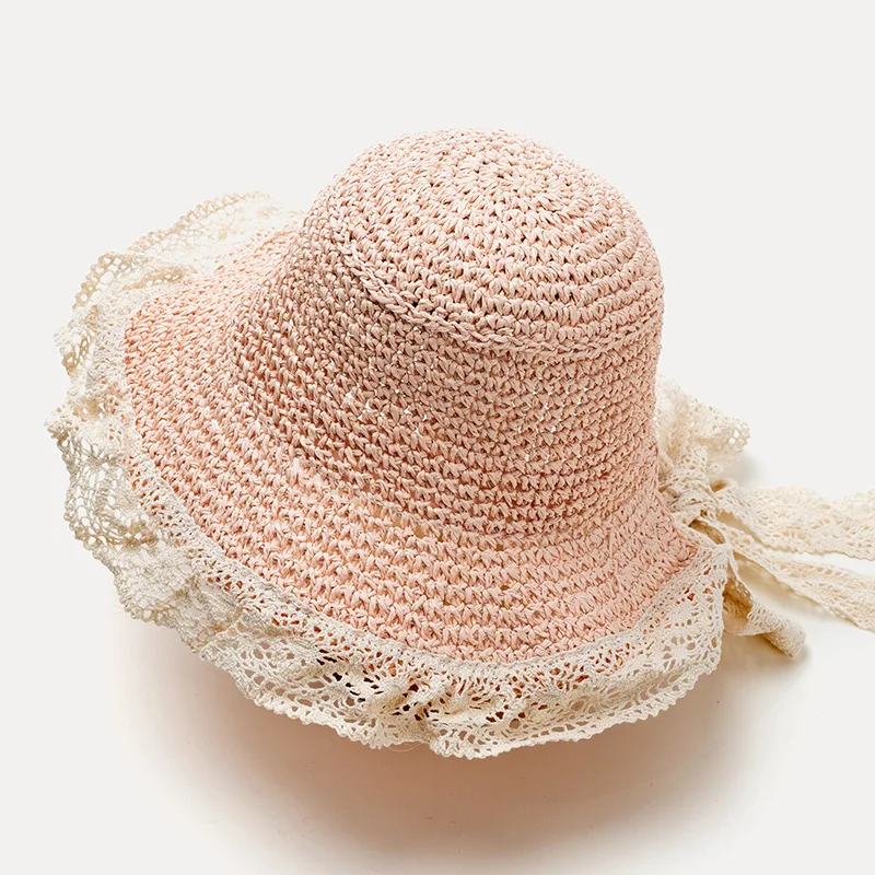 Children Straw Hat Baby Girl Sun Hats With Lace Bow Beach Bucket Sunbonnet Princess Summer Outdoor Sun Cap for Kids Silicone Anti-lost Chain Strap Adjustable 
