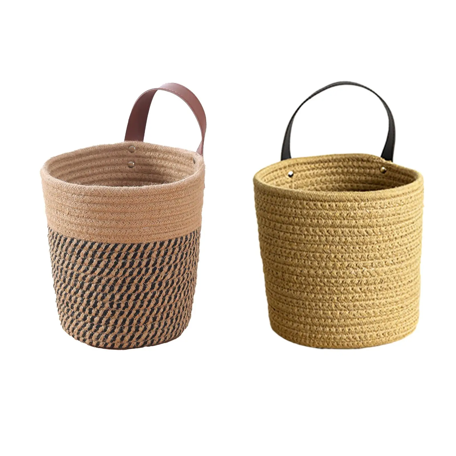 Hand Woven Basket Tabletop Multifunctional for Kitchen Bedroom Bathroom Countertops Container PU Handle Desktop Storage Basket