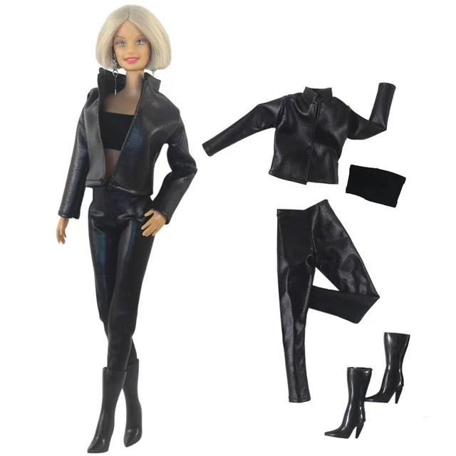 Schwarz Leder 1/6 BJD Puppe Kleidung Set Für Barbie Outfits Mantel