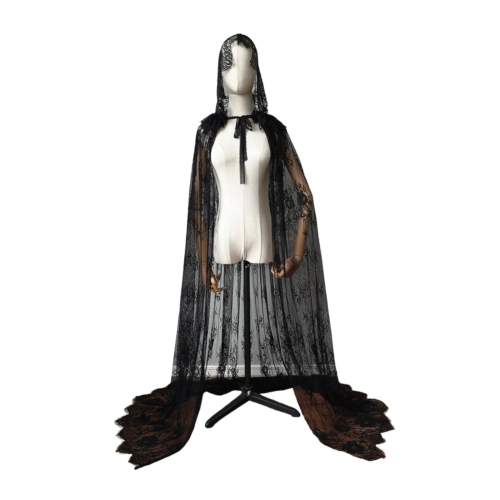 Hooded Cloak Long Cape Halloween Costume Graceful Lace Cape for Ball Stage Performances Medieval Costumes Masquerade Dress up
