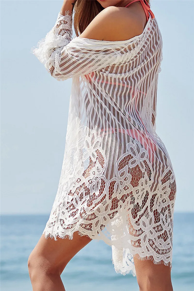 swim suit coverups Women Cover-up Long Sleeve Summer See-through Hollow Cardigan Sheer Lace Floral Bathing Beach Bikinis Cover Ups Sexy Swimwear bathing suit coverups