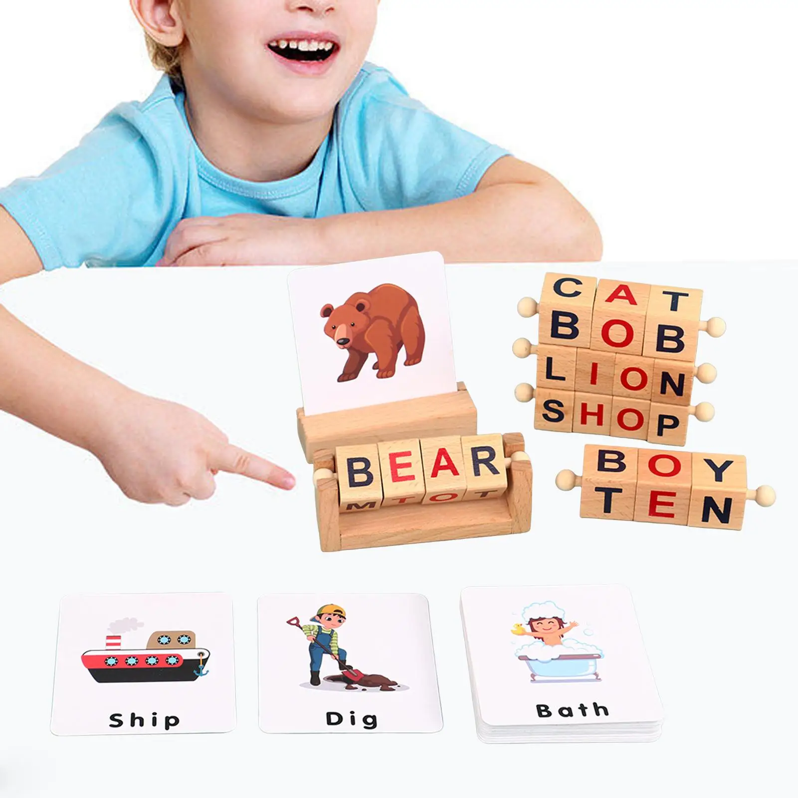 Wooden Reading Block Early Learning Toy Easy Using Matching Puzzle Montessori Toy for Children`s Day Christmas Birthday Toddlers