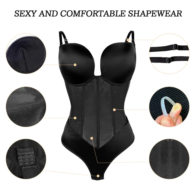 Bodysuit Shapewear Deep V-Neck Body Backless Clear Strap