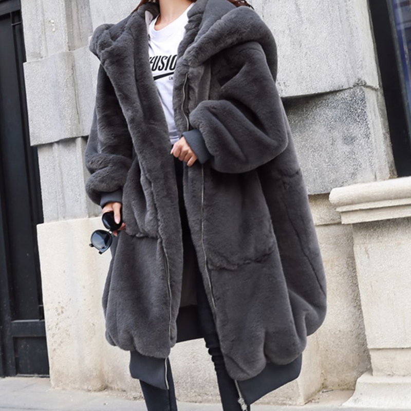 Winter Fashion Runaway Luxury Brand Long Faux Fur Coat Women Jacket Zip Hooded Thick Warm Fake Rabbit Fur Plush Overcoats