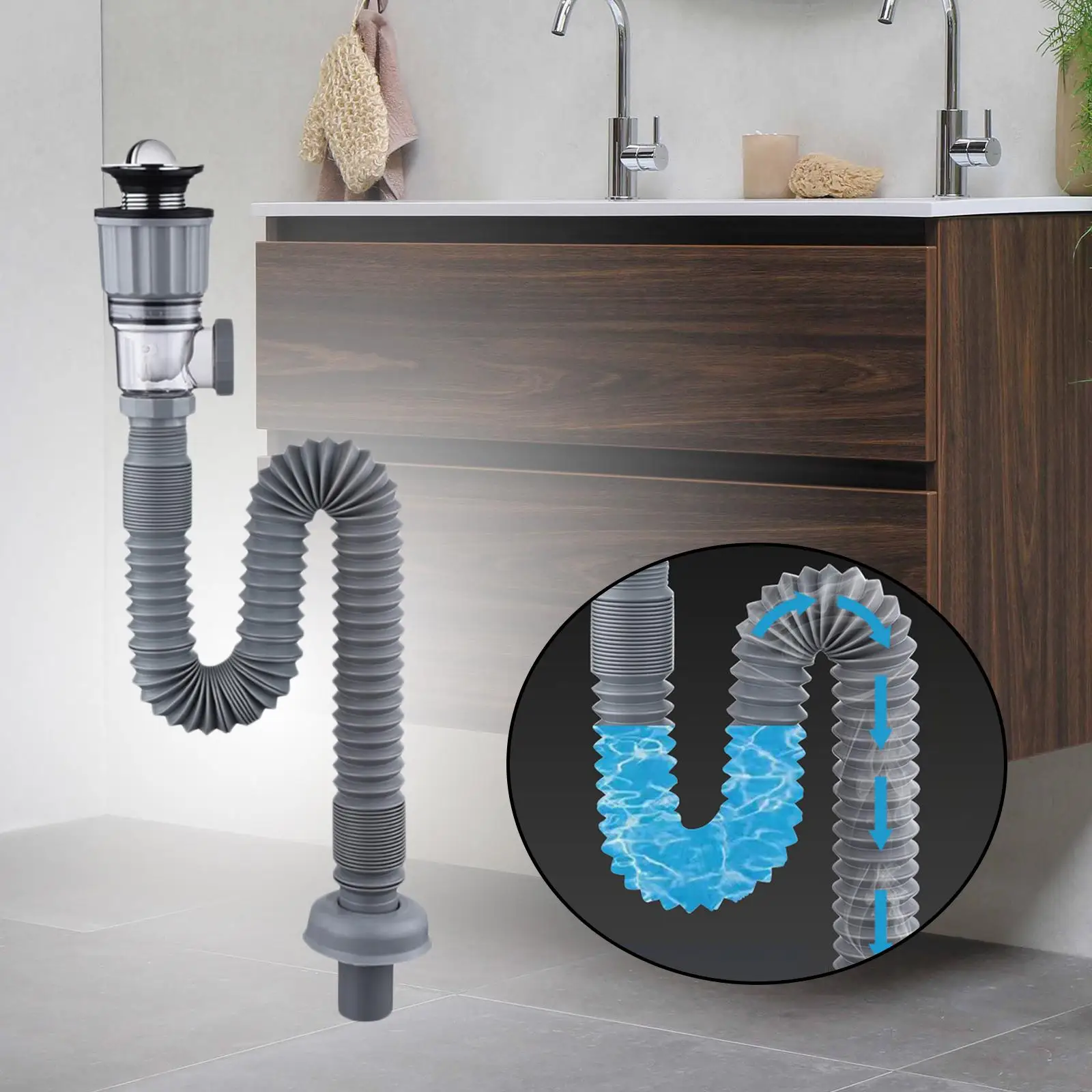 Bathroom Sink Drain Set with Anti Clogging Sink Stopper Stretchable Drain Pipe and Drain Stopper Set for Home Restroom Hotel