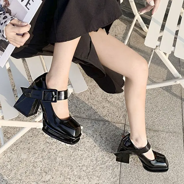 Black Faux Patent FINISH HIGH-HEEL SHOES WITH STRAPS 2267110 Slingback  Shoes Mary Jane Sandals Pumps Square Toe 10CM Heels - AliExpress