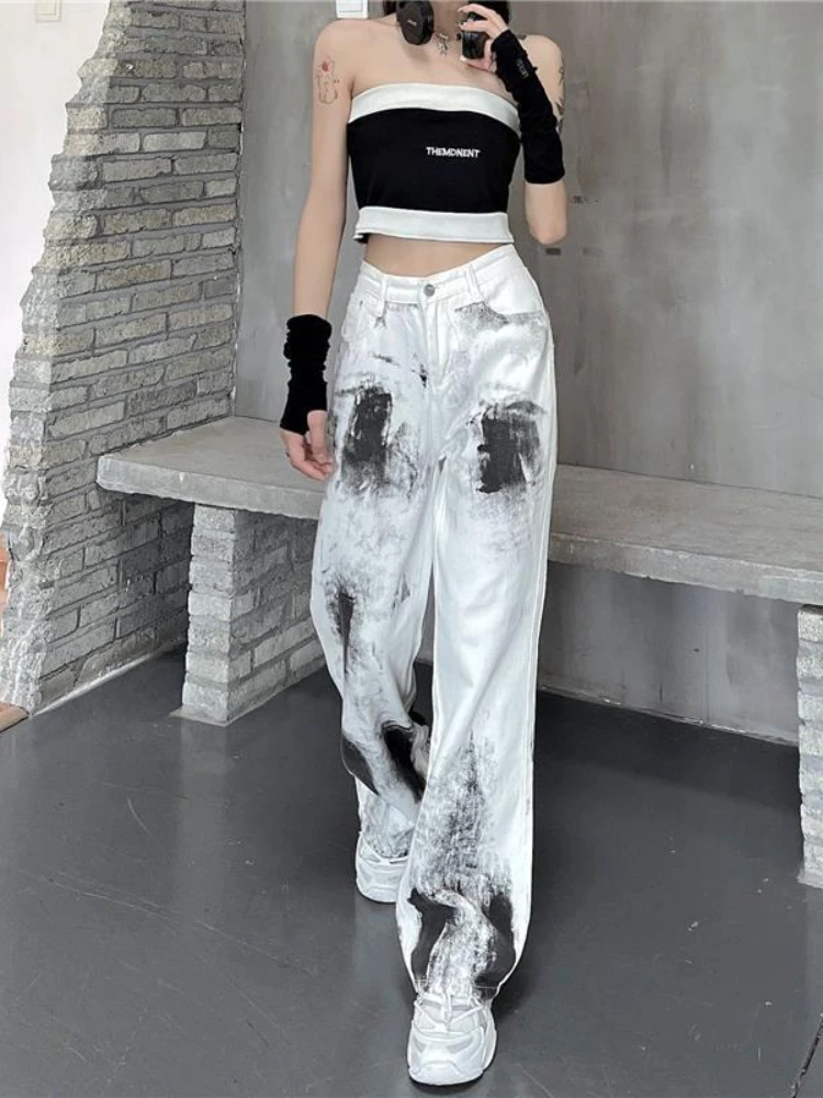 topshop jeans Spring and Summer New High Waist Straight Mopping Trousers Color Tie-dyed Split Wide Leg Retro Jeans Women Baggy Jeans Women zara jeans