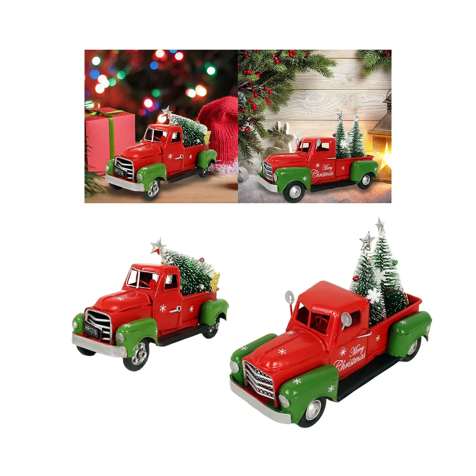 Christmas Red Truck with Christmas Tree Farmhouse Statue Metal Car Model for Winter Decoration Outdoor Indoor Table Christmas
