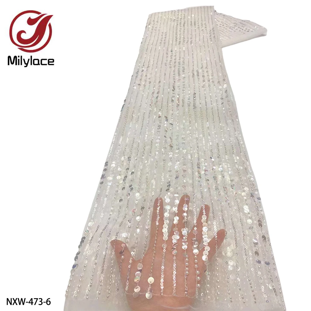 Net Cloth High Quality Lace Sequins Beaded Lace Materials African Materials Lace Fabric 5 Yards Wedding Dress Nxw-473