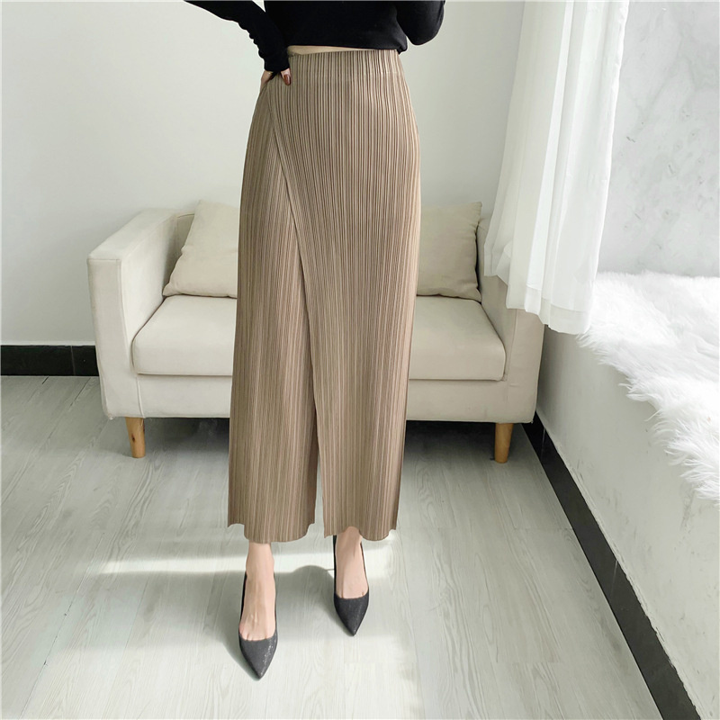 ALSEY Miyake Pleated Wide Leg Ankle-length Pants for Women Autumn New Simple Elastic Waist Solid Color Straight Female Trsouser