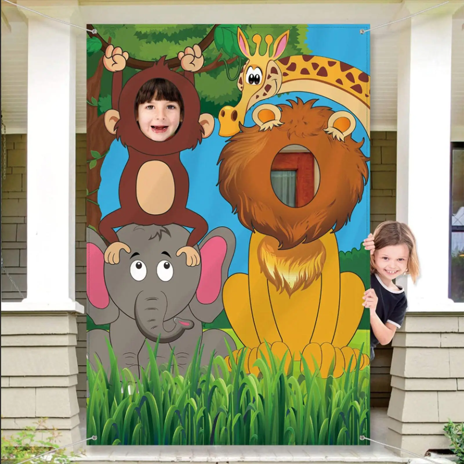 Jungle Animals Face in Hole Game Backdrop Door Banner 100x150cm Party Decorations