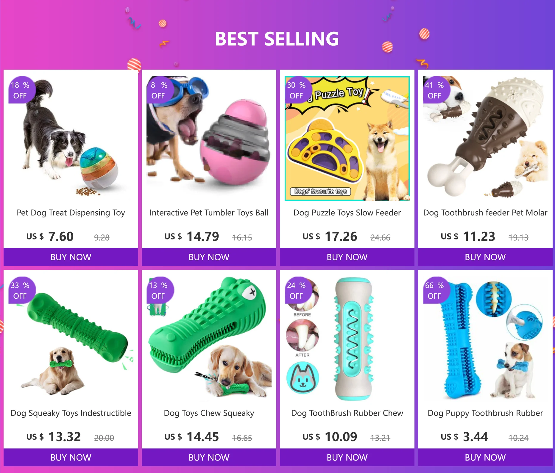 Una colección de juguetes y accesorios para mascotas, específicamente para perros, presentados como artículos MÁS VENDIDOS. Se muestran seis productos diferentes, cada uno con un precio y un porcentaje de descuento. Los productos incluyen:

1. Un juguete dispensador de golosinas para perros, con un precio de 7 dólares