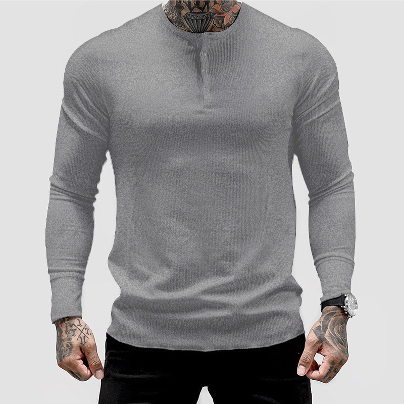 Männer Langarm Shirts Pullover Hemd Henry Kragen Runde Saum Einfarbig Herbst Fitness Workout Lässige Männer Kleidung – Detail 5