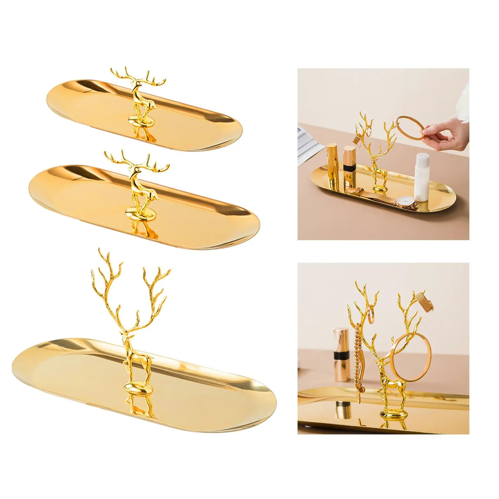 Golden Jewelry Tray Jewelry Organizer Cosmetic Tray Display Tray Metal Tray with Elk Dish for Glasses Bracelets Bedroom Dresser