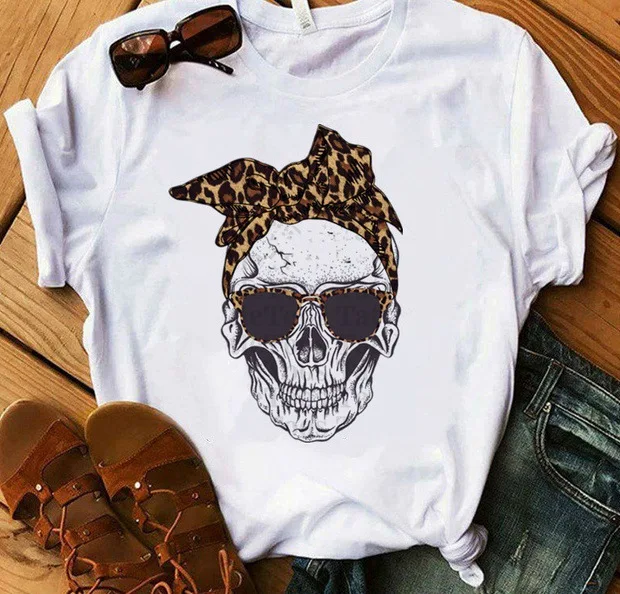 T-shirt Short Sleeve T-shirts Printing Vintage Style American Flag Bow Knot Skull display picture 5