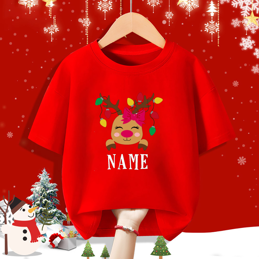 Personalisiertes Kind Weihnachten Rotes Hemd Hirsch Name Kind Kurzarm Kleidung T-Shirt Geschwister Passendes Weihnachtsoutfit Kinder T-Shirts – Detail 10
