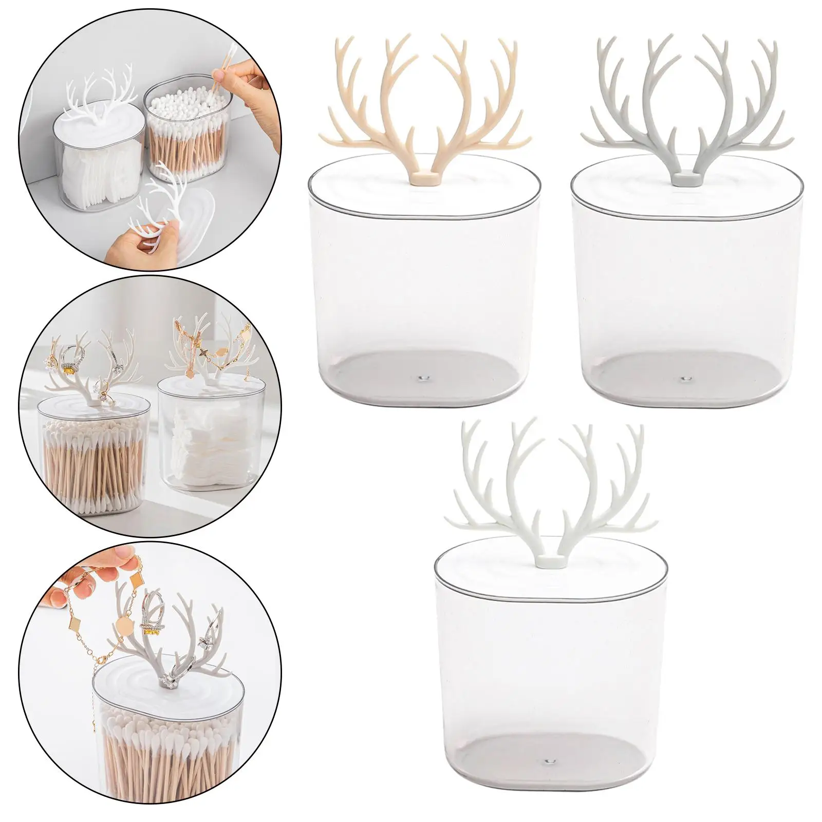 Cotton Swabs Holder with Lid with Antler Shape Hook Plastic Apothecary Jar Canister Container for Countertop Bathroom Bedroom