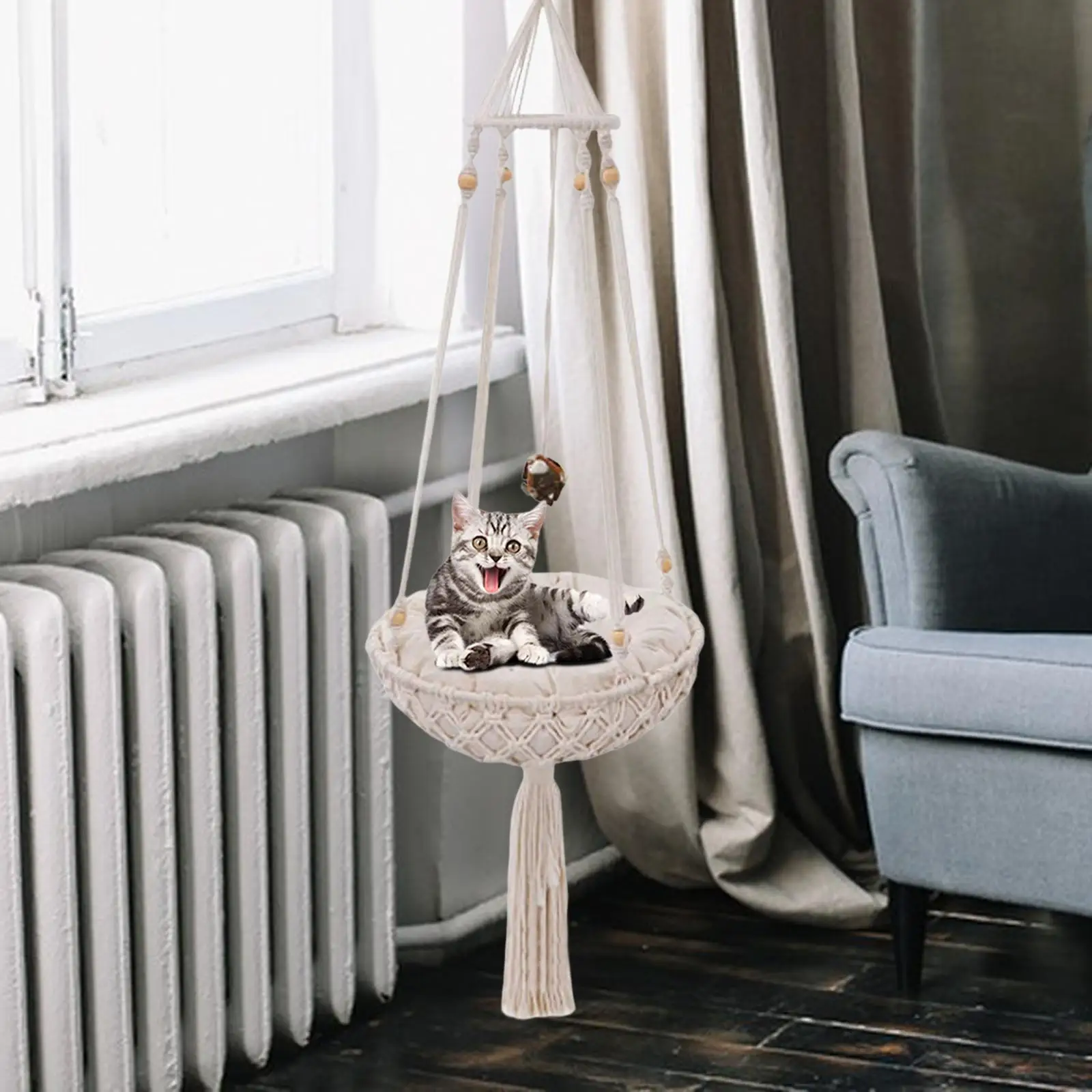 Cat Hammock Handwoven Bohemian Swing Bed with Cushion Hanging Perch Winter Blanket Toy for Basking Home Bedroom Decoration