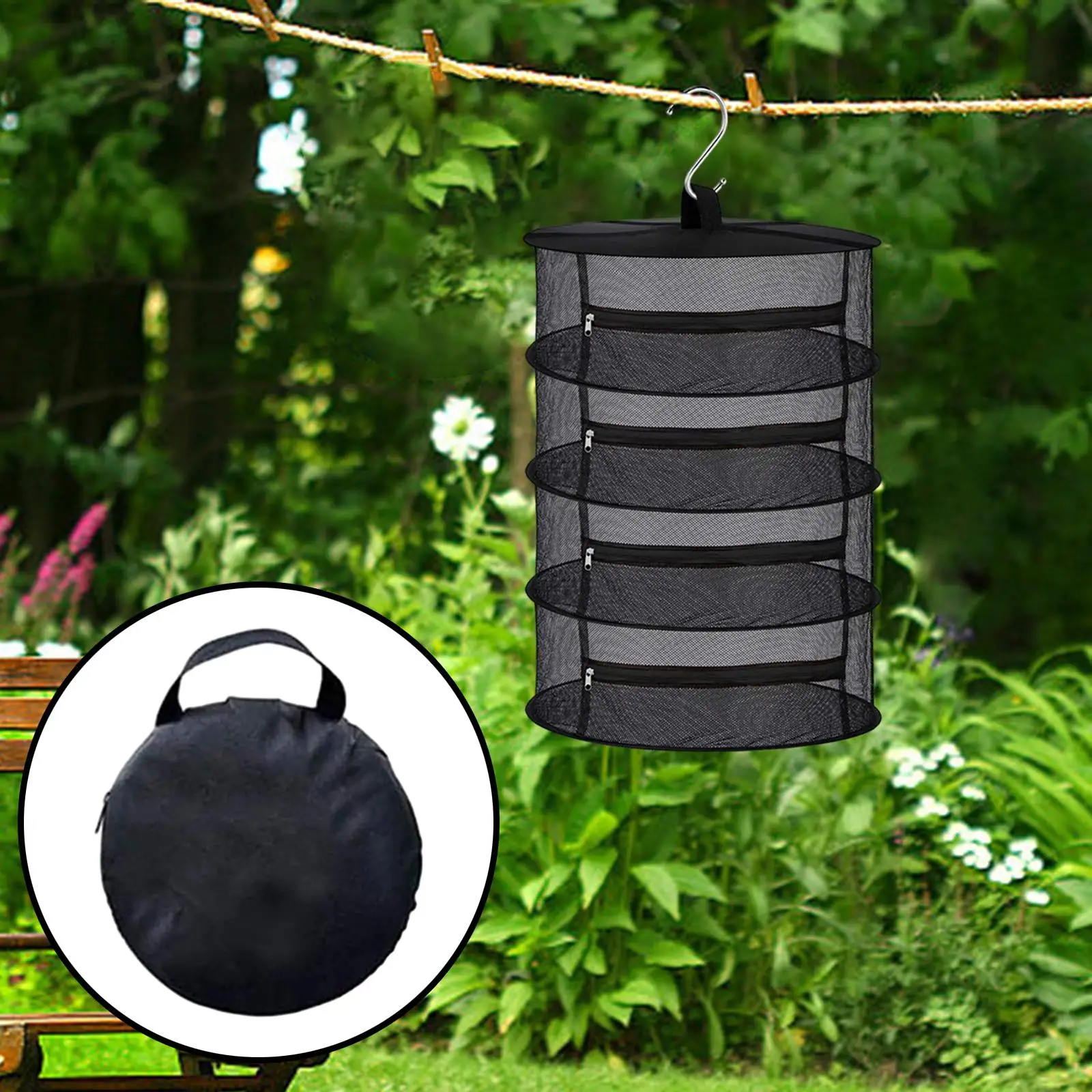 Herb Drying Rack with Hook and Storage Bag 4 Layer Folding with Zippers Dry Net for Vegetable Buds Flowers Garden Outdoor Black