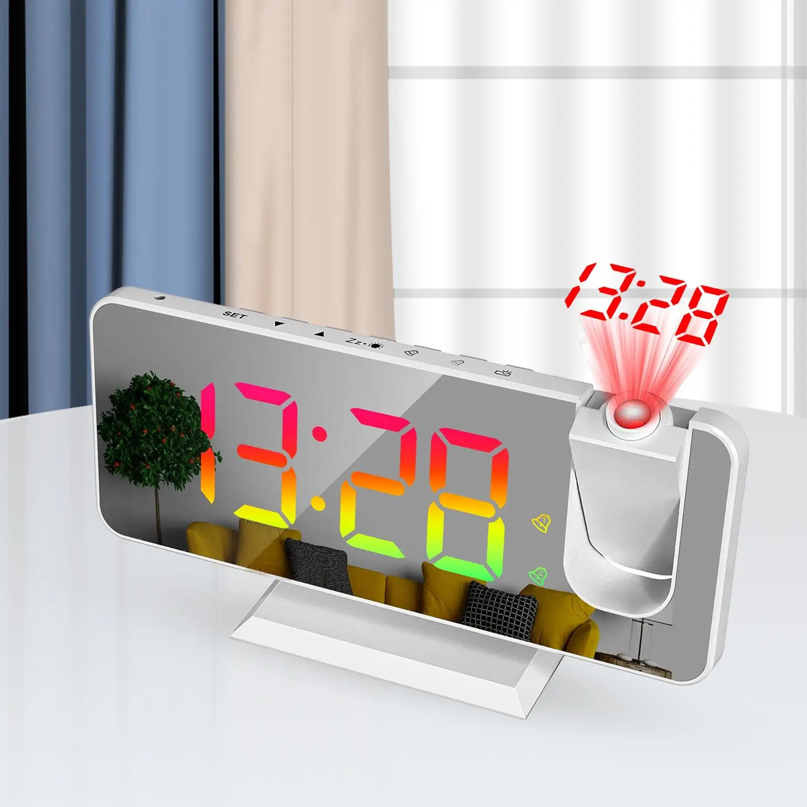 180 Rotation Projection Alarm Clock Colorful LED Digital Bedside Desktop Clock USB Powered Snooze 12/24H Large Screen Mirrored
