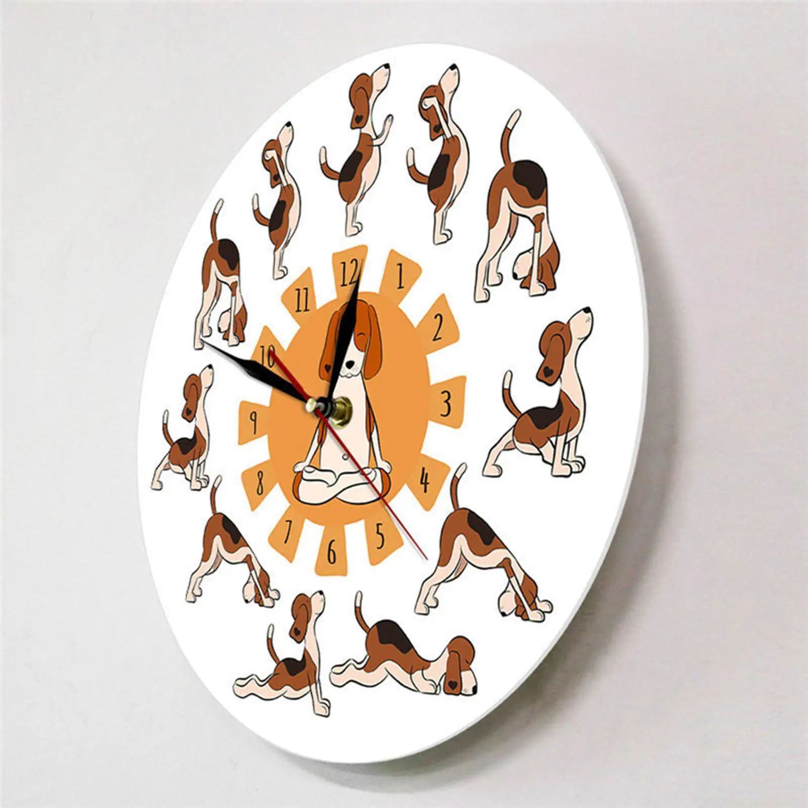 Round Dog Doing Yoga Position Wall Clocks 30cm Decoration for Kitchen Silent Easy to Read Installation Quickly Large Funny