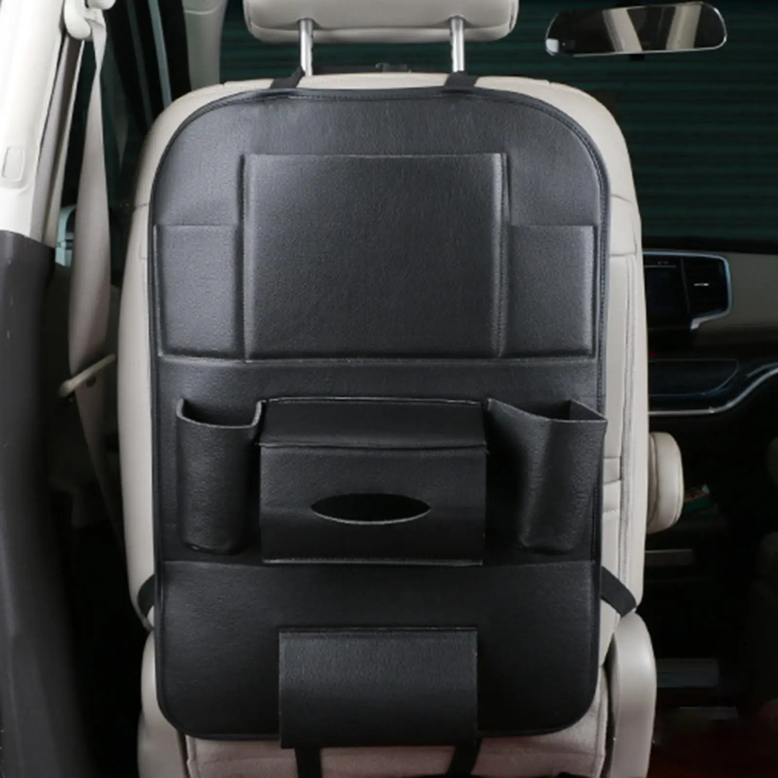 Car Seat Back Organizer PU Leather Backseat Protector Multiple Storage Compartments Pocket Tissue Box Washable Adjustable Straps