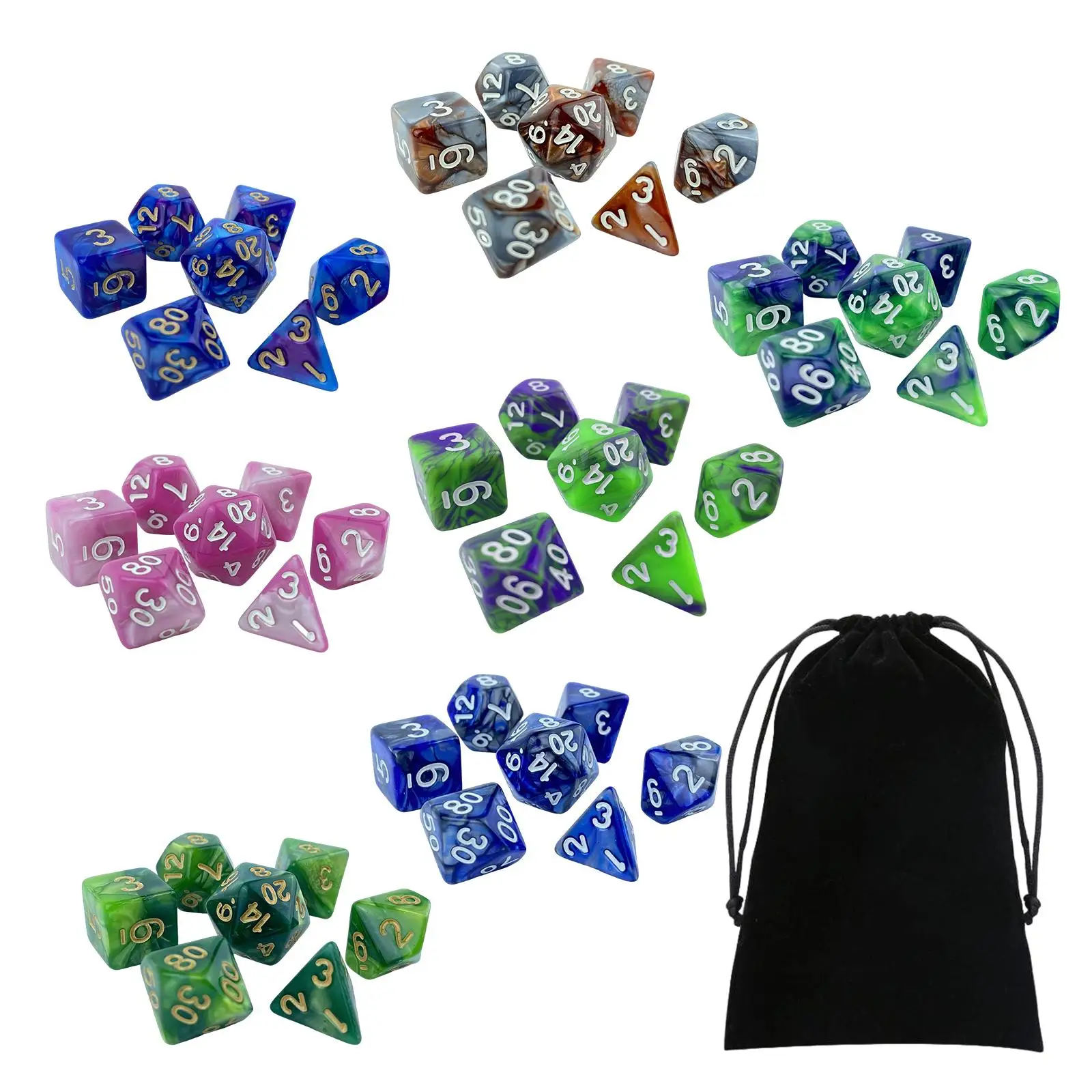 49x Acrylic Polyhedral Dices Set with Storage Bag D8 D10 D12 D20 Toys Math Teaching Rolling Dices for Table Games Parties KTV