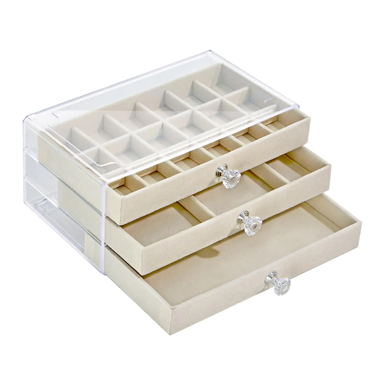 Jewelry Storage Box with 3 Drawers Transparent Cover Jewelry Organizer for Dresser, NightStand Stylish Beige 9x5.3x4inch