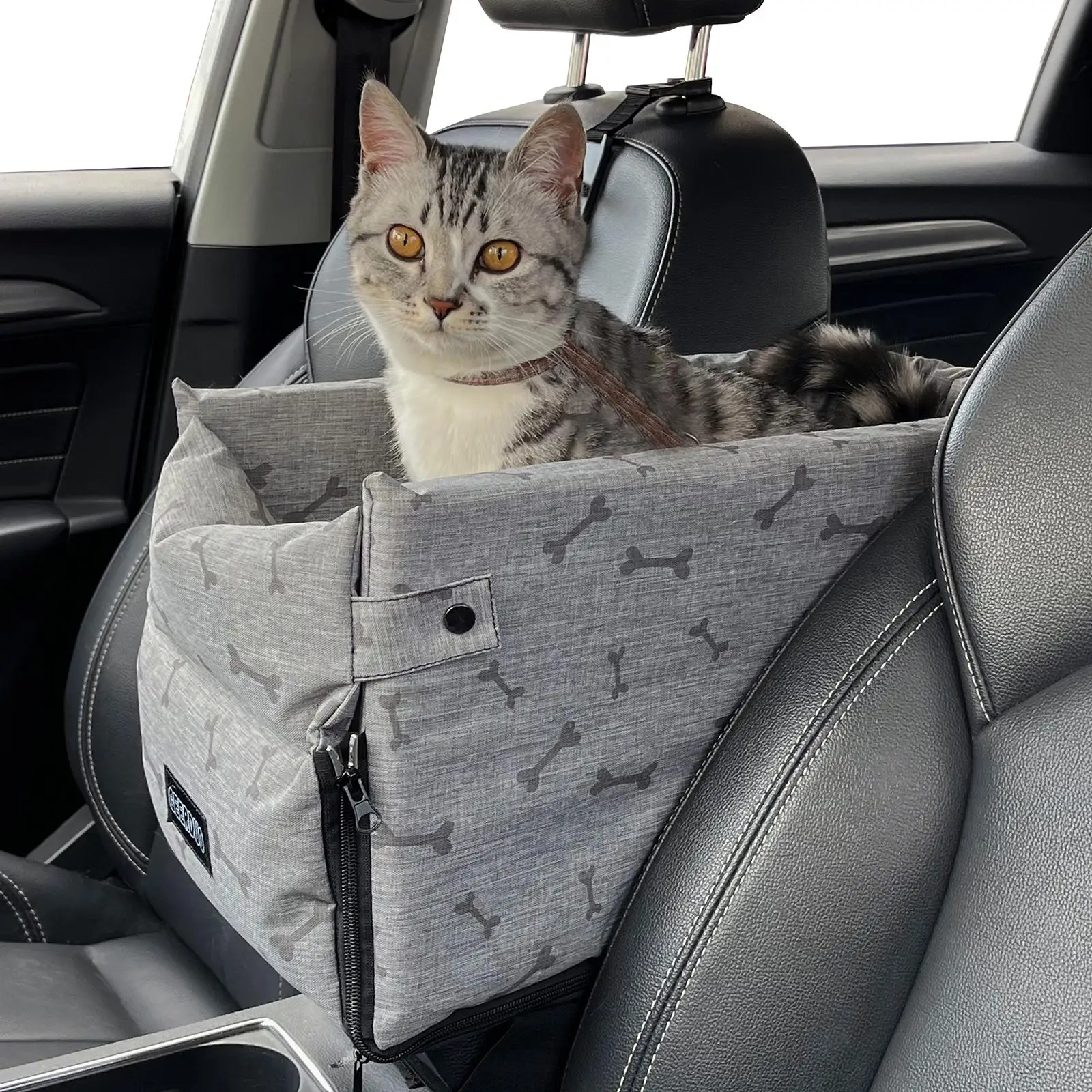 Multifunction Dog Console Car Booster Seat Travel Bed Dog Kennel Pet Nest for Small Doggie Cats with Adjustable Strap Grey