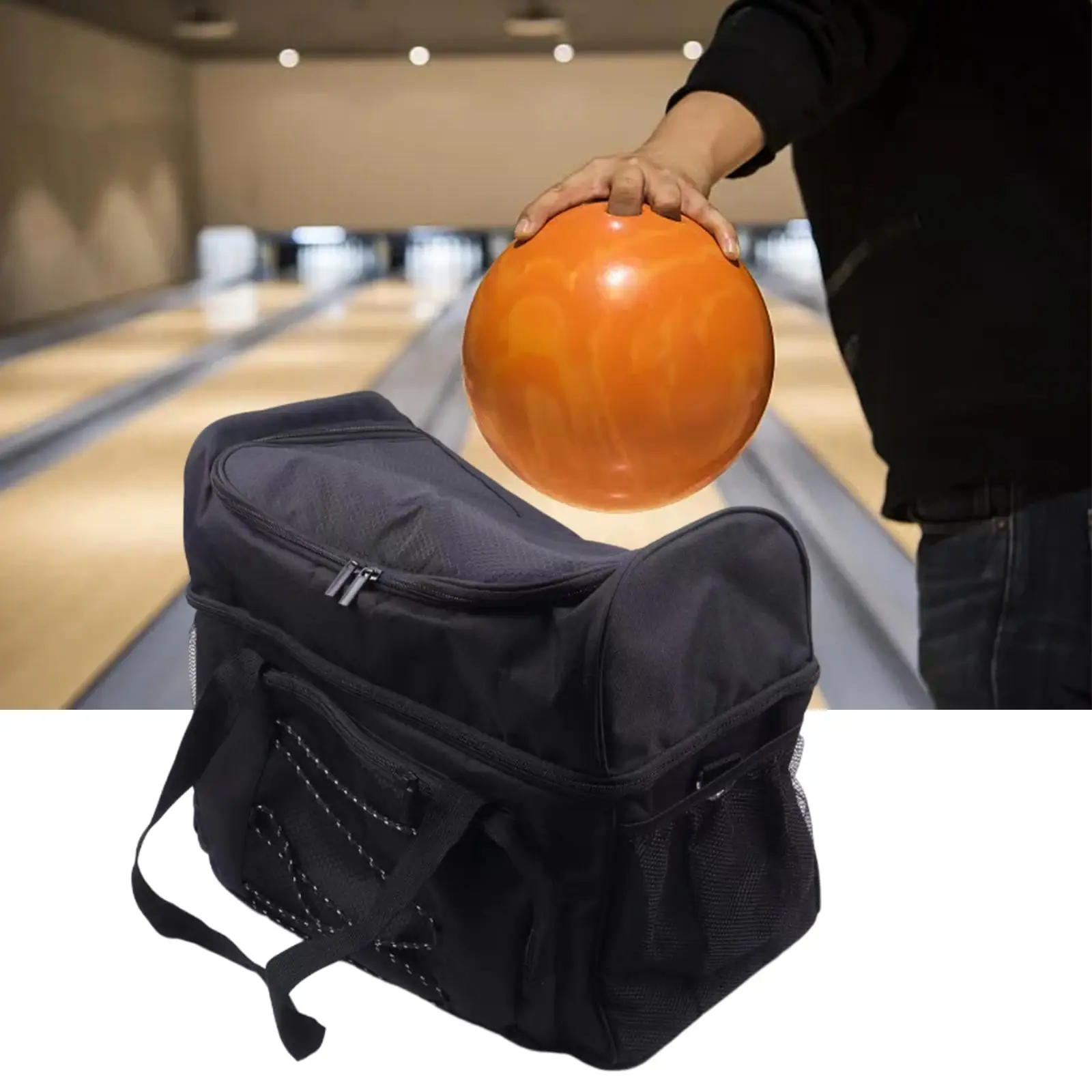 Bowling Tote Bag Durable Storage Pocket Bowling Bag for Two Balls Pouch Fits Bowling Shoes up to Mens Size 16 Bowling Accessory