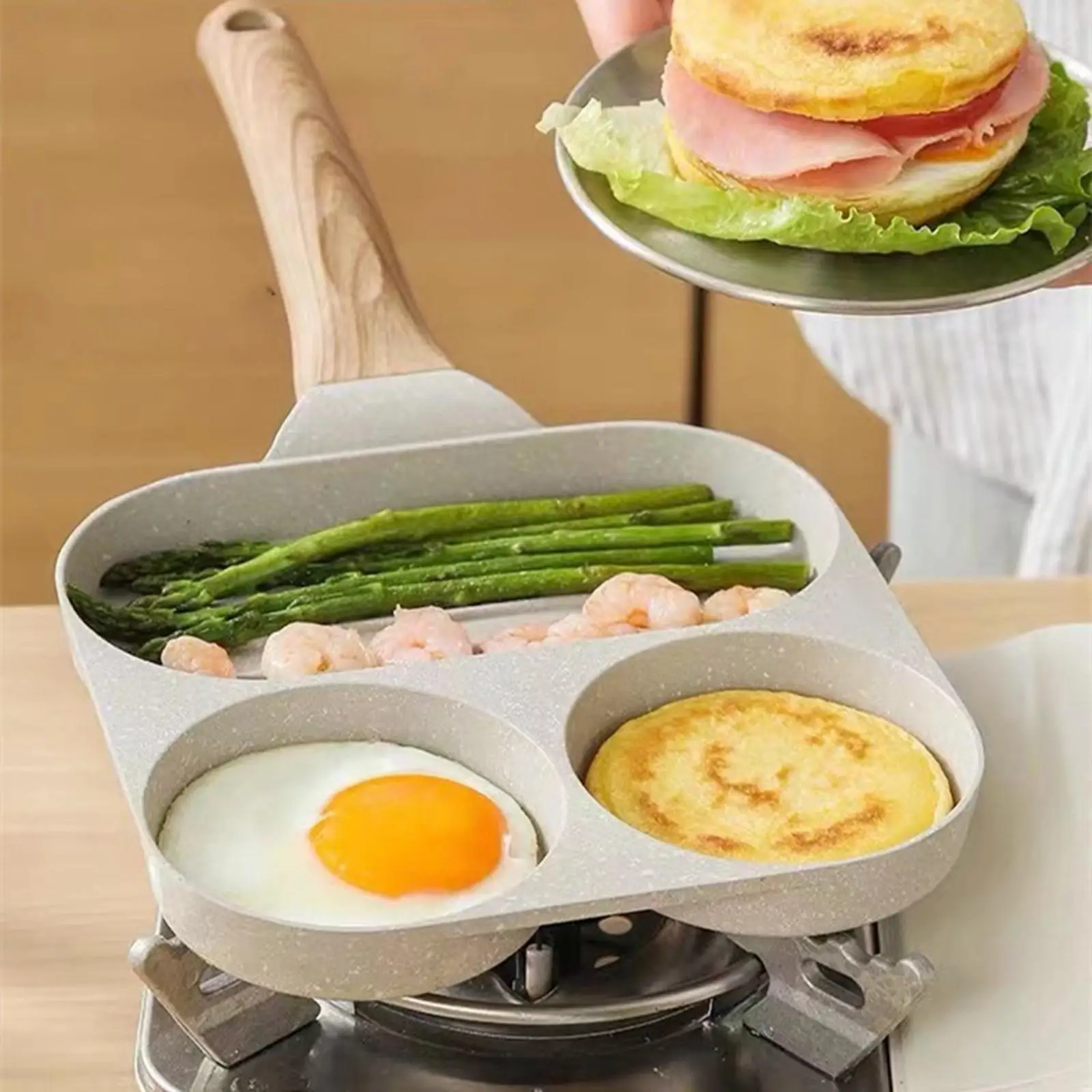 non sticky Egg Frying Pan Ergonomic Handle Multi Sectional 3 Section Pancake pan Crepe Pan Camping Breakfast Cookware