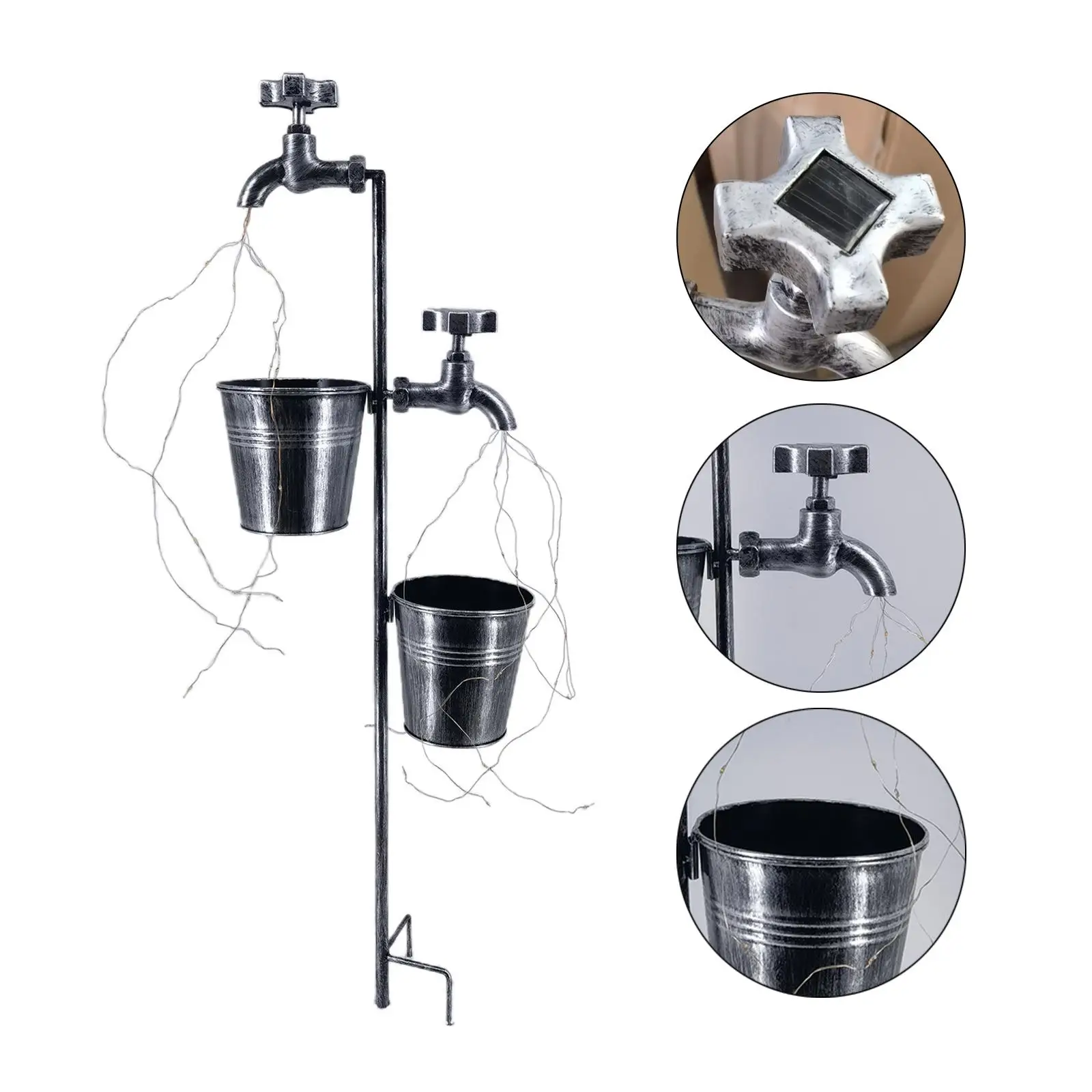Solar Powered Double Faucets & Water Buckets Sprinkles Star String Lights for Garden Outdoor Party Decoration Summer Lighting