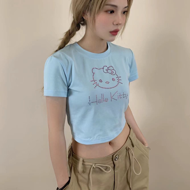 半袖Tシャツハローキティ,ピンクのラインストーンガーメント