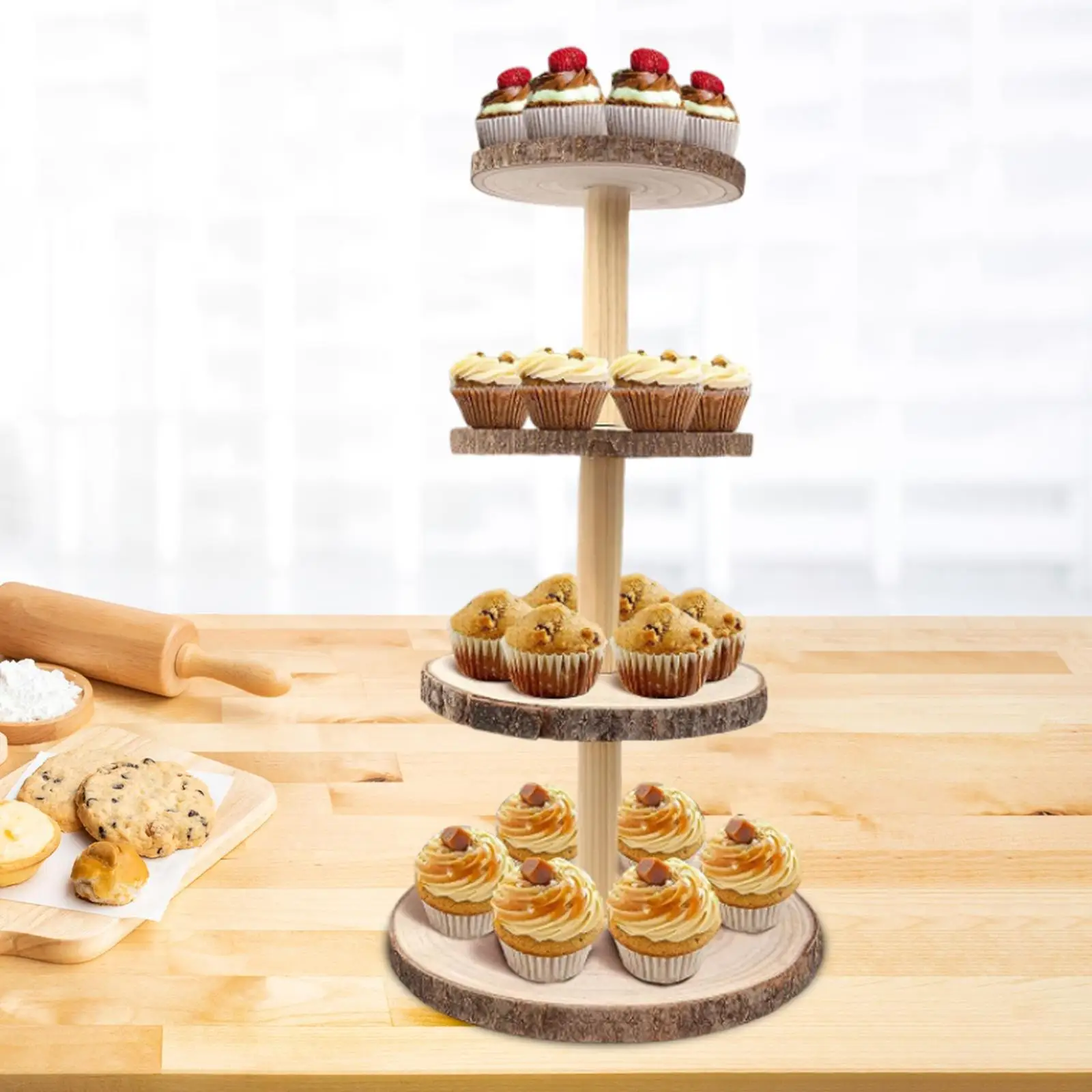 Dessert Display Stand Rustic Wood Cake Stand Four Tiered Wood Cupcake Stand Holder for Home Wedding Crafts Party Decoration