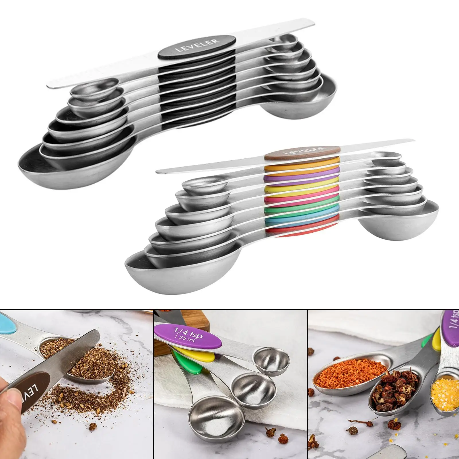 Stainless Steel Dual Sided Measuring Spoons Set of 8 , 1/8 Tsp, 1/4 Tsp, 1/2 Tsp, 3/4 Tsp, 1 Tsp, 1/2 Tbsp, 1 Tbsp Plus Leveler