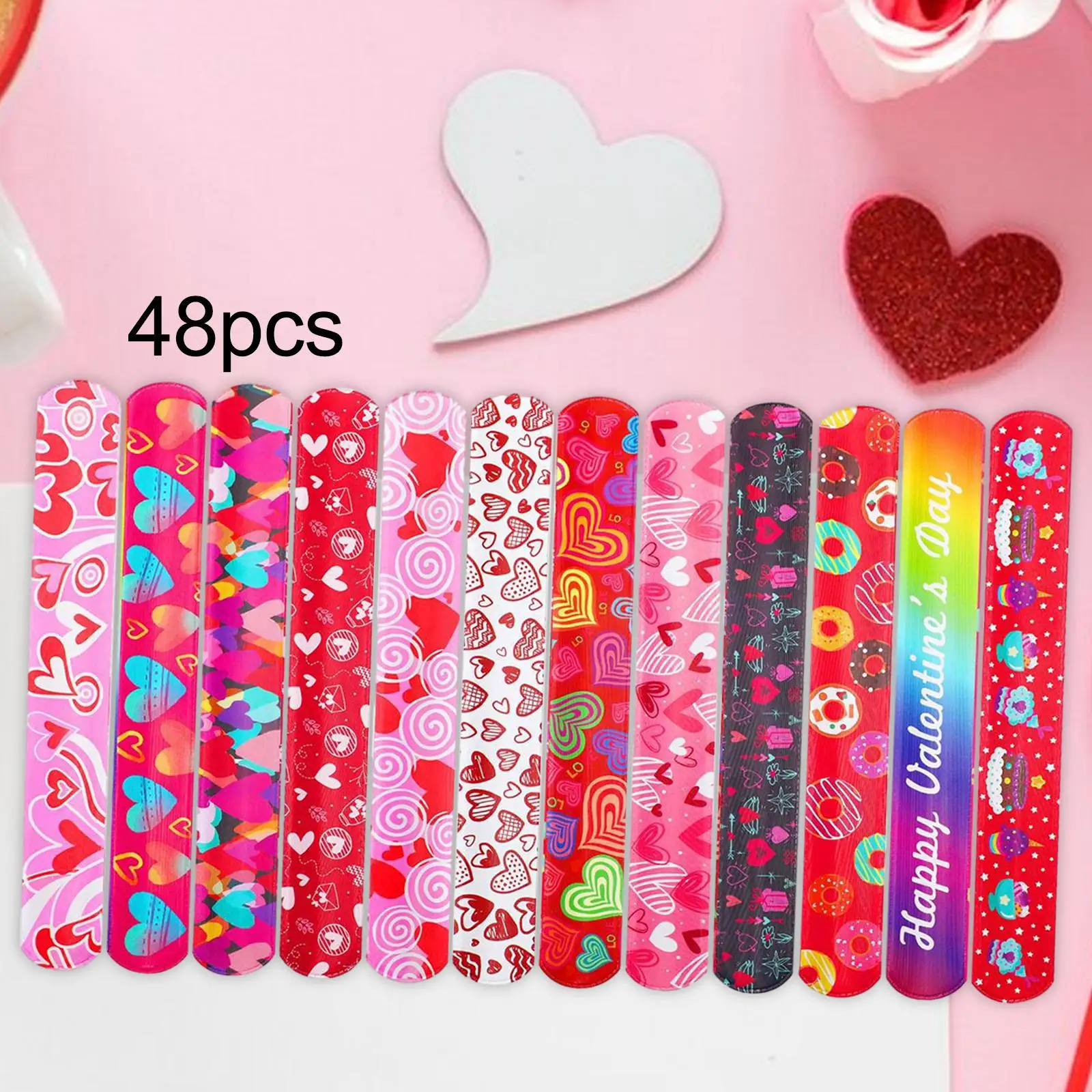 48x Valentine`s Day Slap Bracelets Colorful Heart Design 22cm Gift Exchange Clapping Circle Bracelet for Kids Adults Girls Boys
