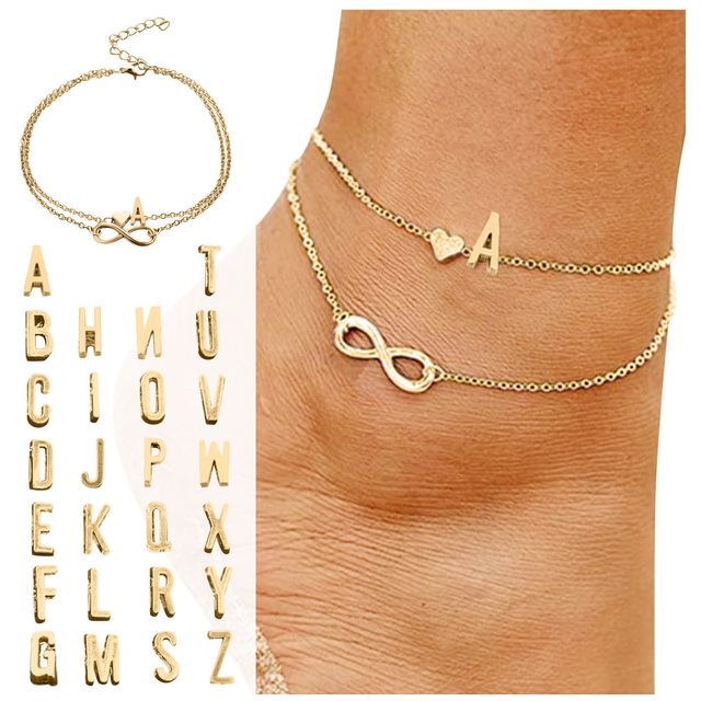  Pulsera tobillera para mujer, cadena de pie para mujer, joyería  para niña, cadena de pie femenina, 26 letras de circonita de doble capa,  tobillera, 26 pulseras de tobillo con iniciales para